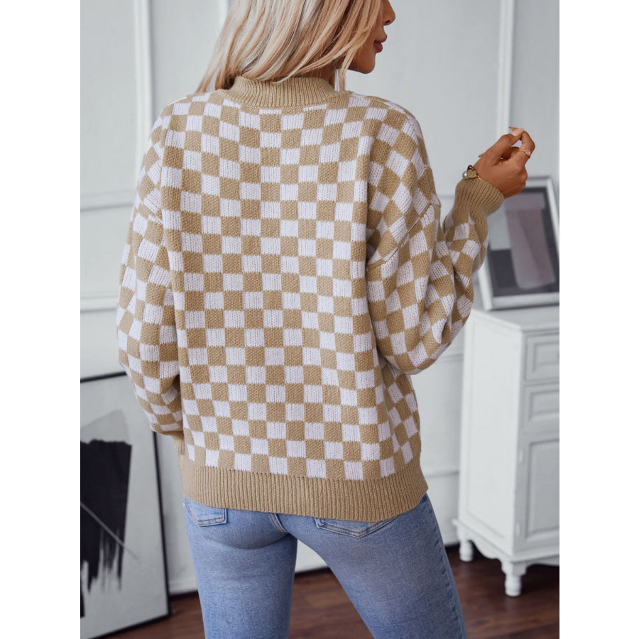 Checkered V-Neck Dropped Shoulder Sweater Apparel and Accessories