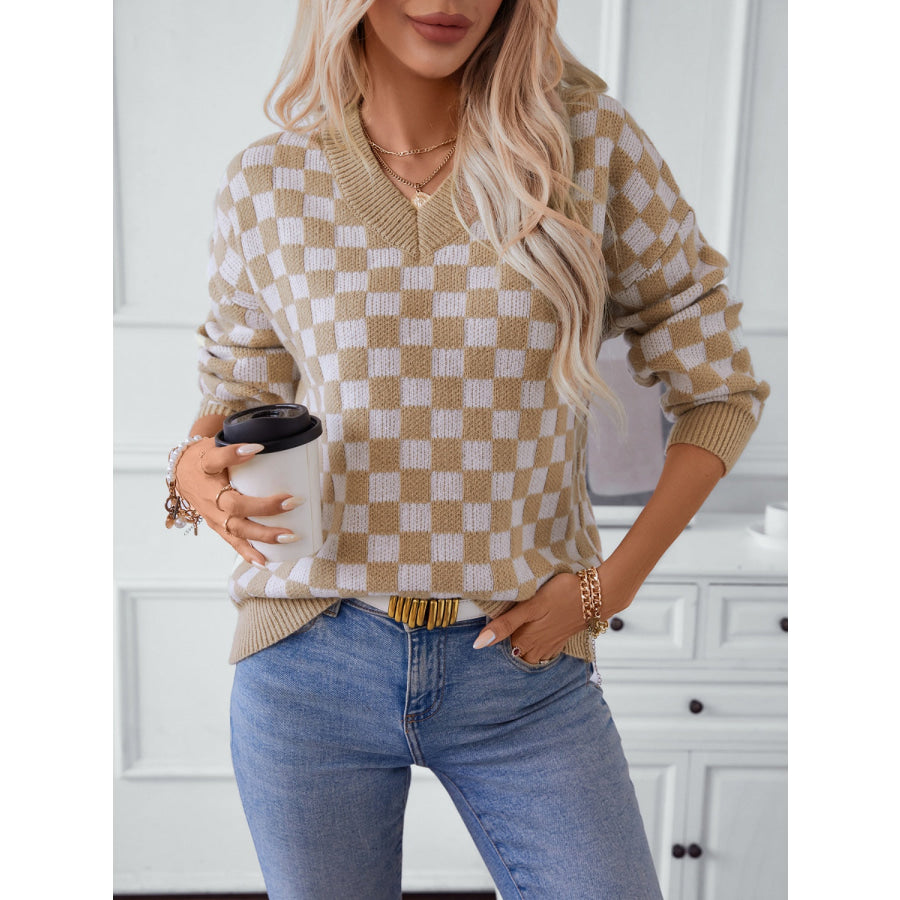 Checkered V-Neck Dropped Shoulder Sweater Apparel and Accessories