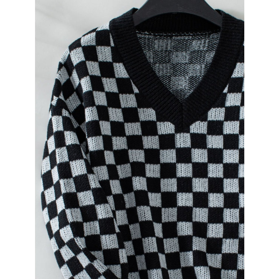 Checkered V-Neck Dropped Shoulder Sweater Apparel and Accessories