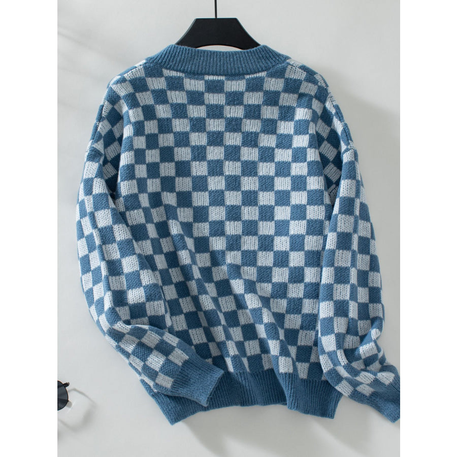 Checkered V-Neck Dropped Shoulder Sweater Apparel and Accessories