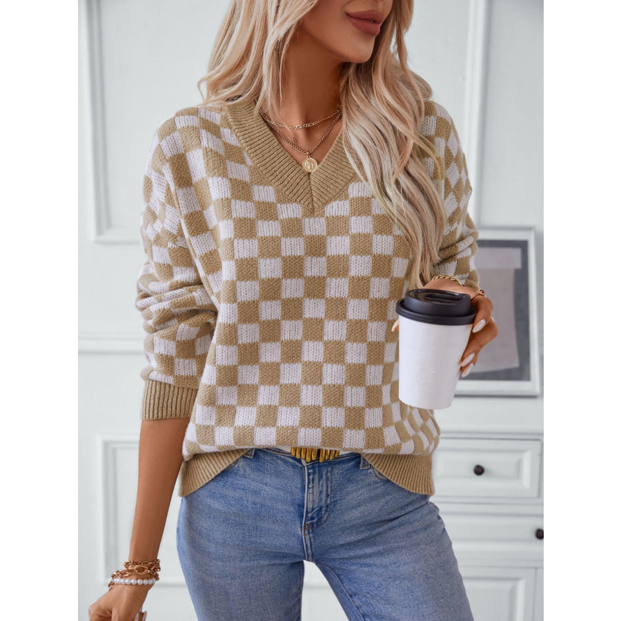 Checkered V-Neck Dropped Shoulder Sweater Apparel and Accessories