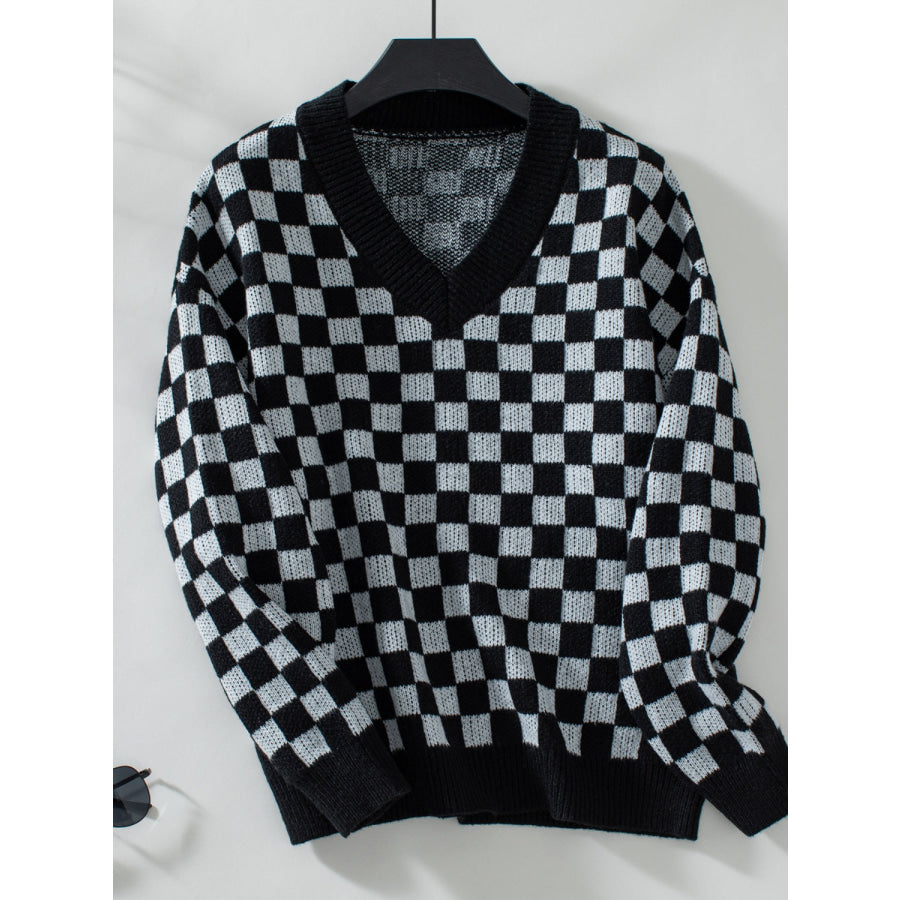 Checkered V-Neck Dropped Shoulder Sweater Black / S Apparel and Accessories