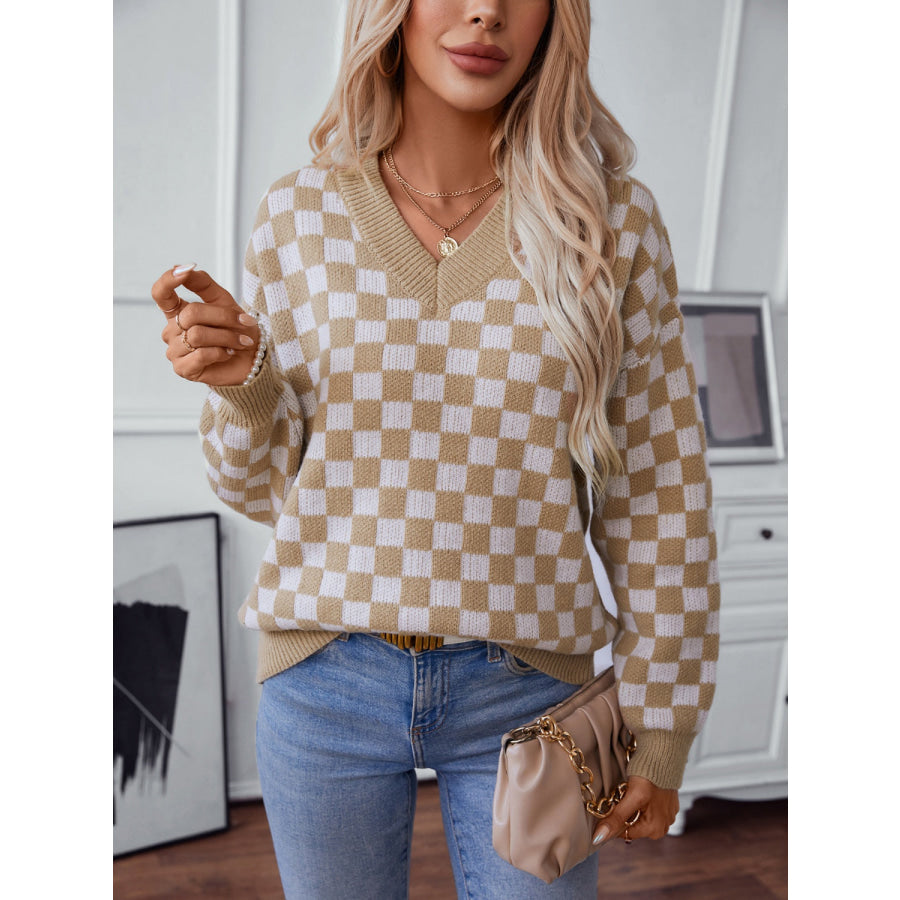 Checkered V-Neck Dropped Shoulder Sweater Camel / S Apparel and Accessories