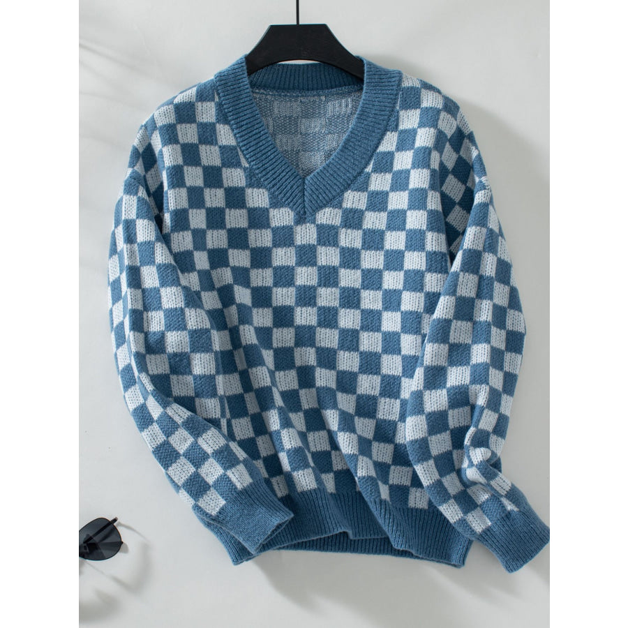 Checkered V-Neck Dropped Shoulder Sweater Dusty Blue / S Apparel and Accessories