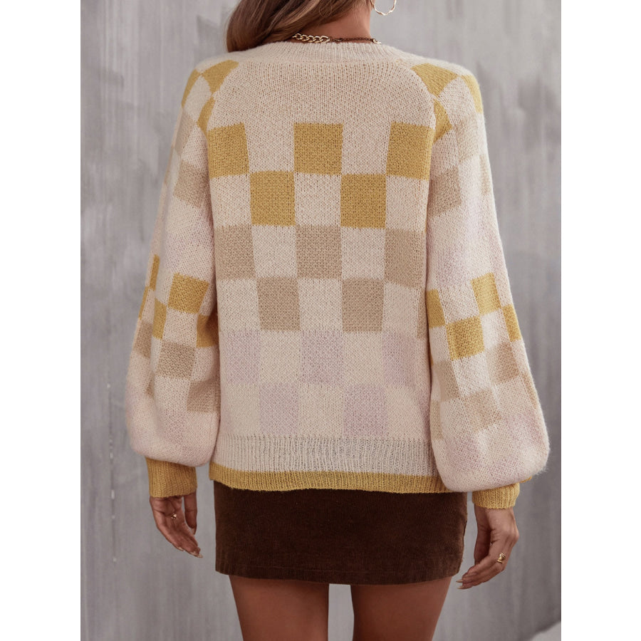 Checkered V - Neck Lantern Sleeve Sweater Apparel and Accessories