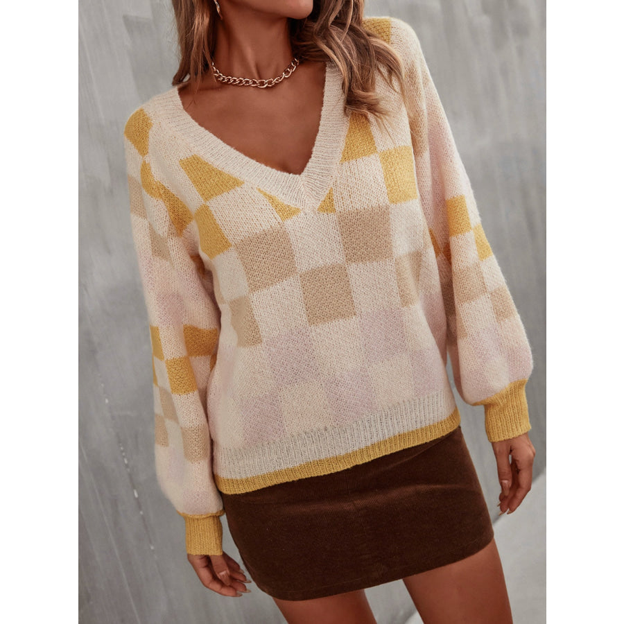 Checkered V - Neck Lantern Sleeve Sweater Pastel Yellow / S Apparel and Accessories
