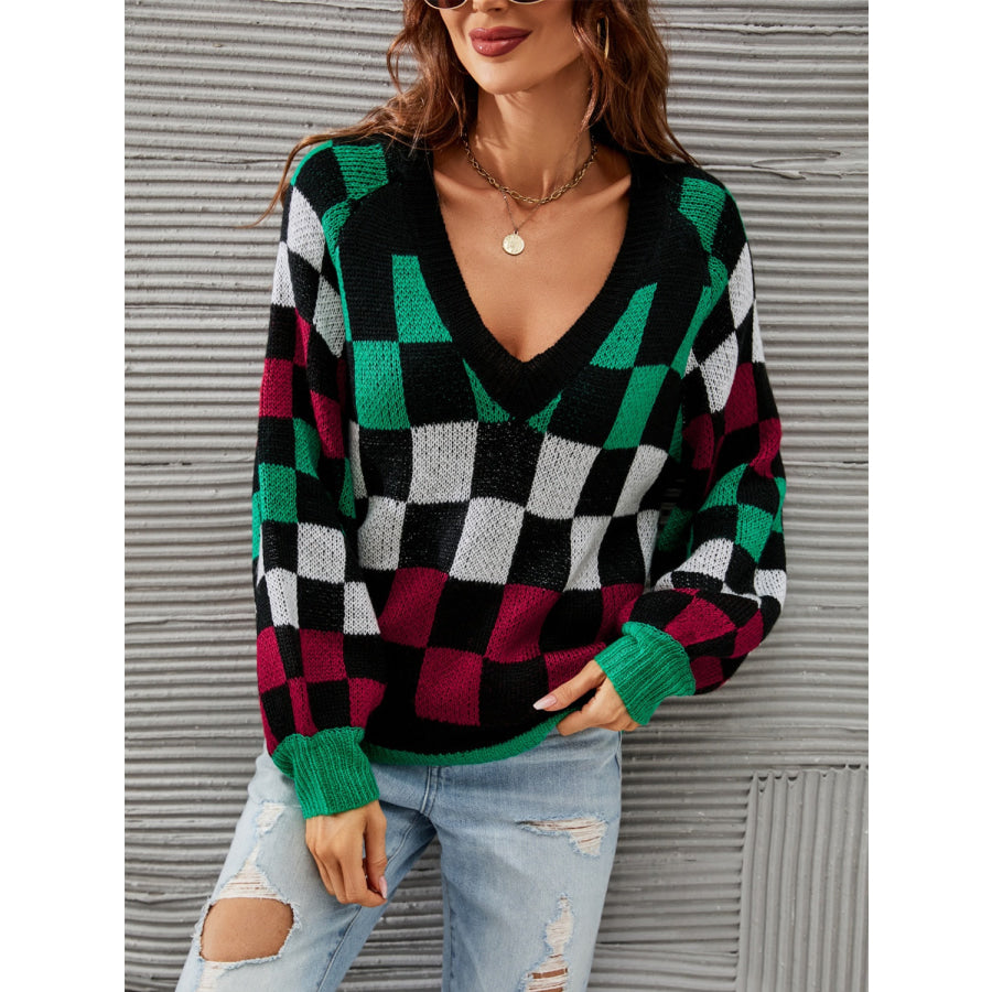 Checkered V - Neck Lantern Sleeve Sweater Black / S Apparel and Accessories