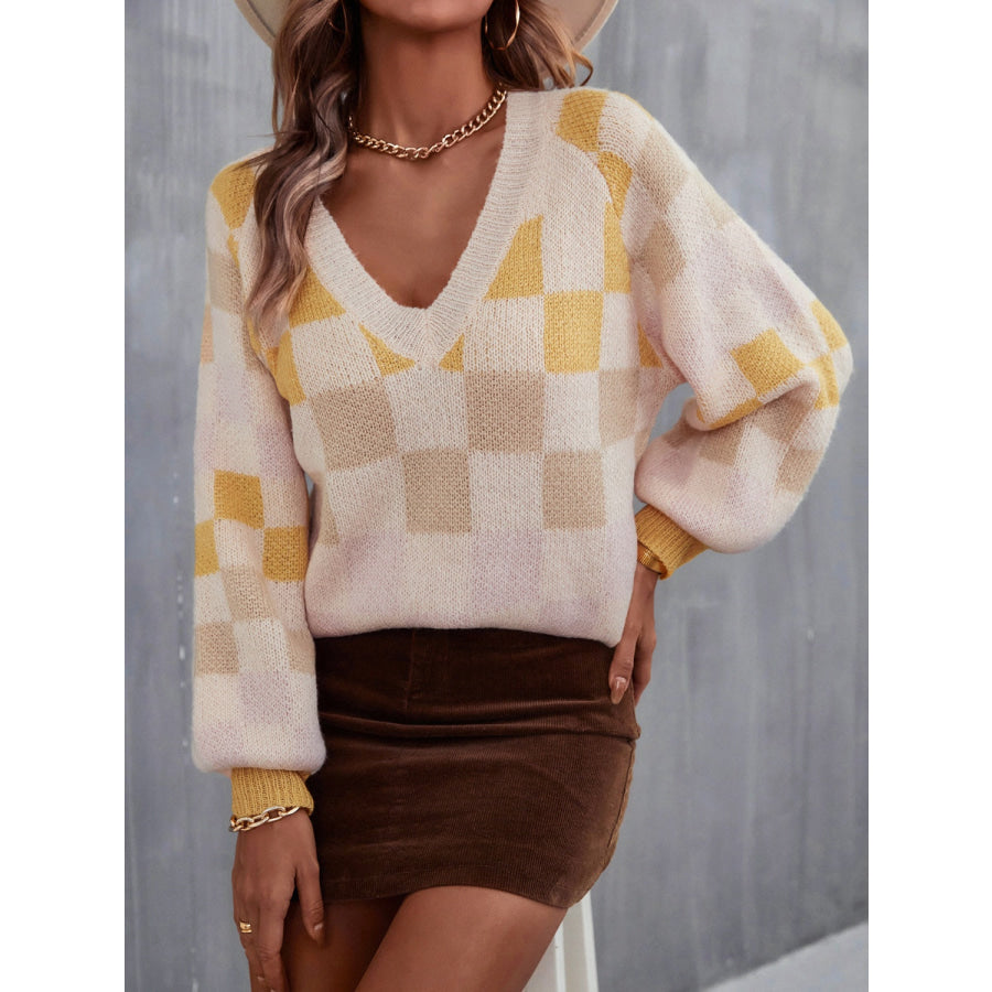 Checkered V - Neck Lantern Sleeve Sweater Pastel Yellow / S Apparel and Accessories
