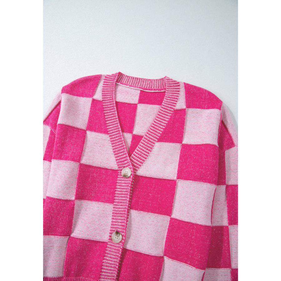 Checkered V-Neck Long Sleeve Cardigan Apparel and Accessories