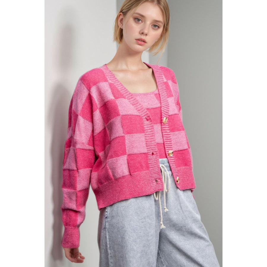 Checkered V-Neck Long Sleeve Cardigan Hot Pink / S Apparel and Accessories