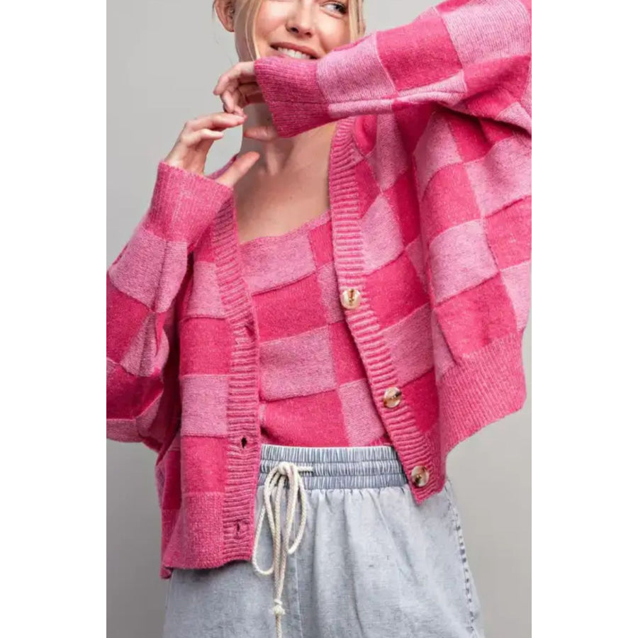 Checkered V-Neck Long Sleeve Cardigan Apparel and Accessories