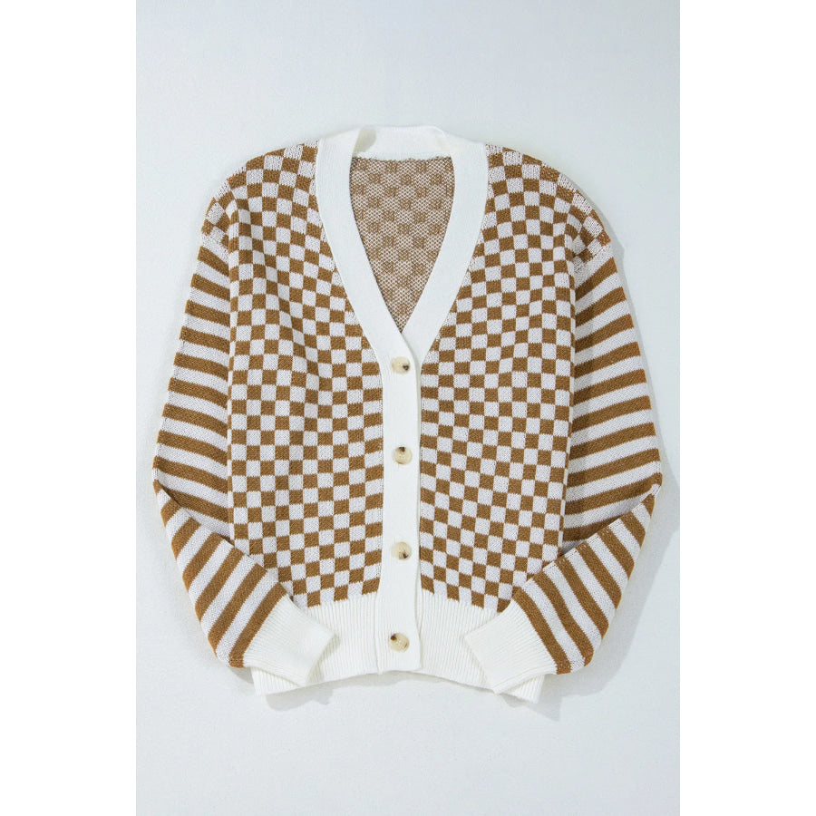 Checkered V-Neck Long Sleeve Cardigan Apparel and Accessories