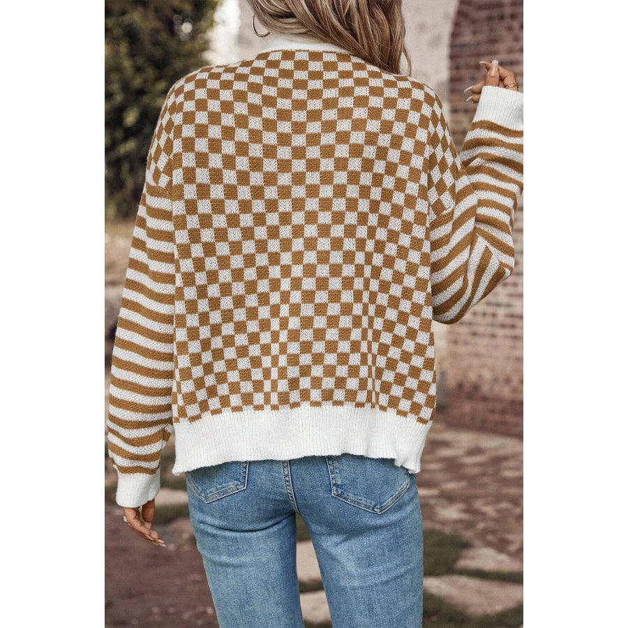 Checkered V-Neck Long Sleeve Cardigan Brown / S Apparel and Accessories