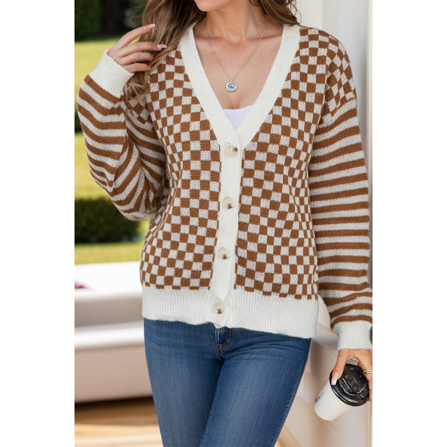 Checkered V-Neck Long Sleeve Cardigan Brown / S Apparel and Accessories