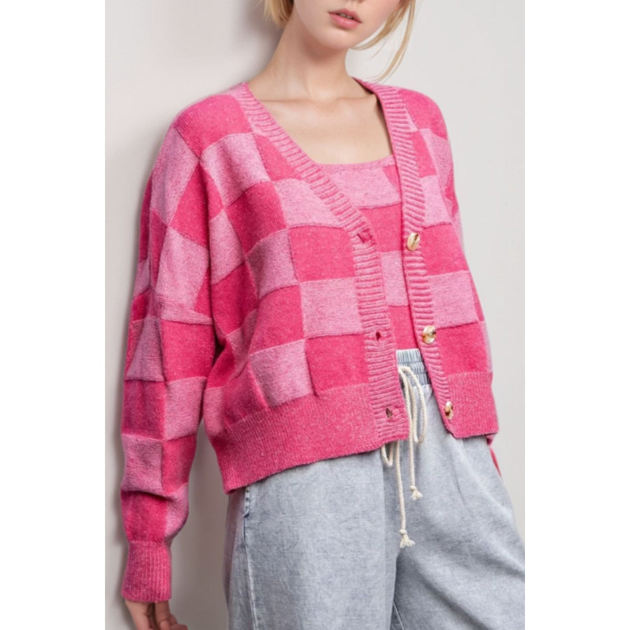 Checkered V-Neck Long Sleeve Cardigan Hot Pink / S Apparel and Accessories