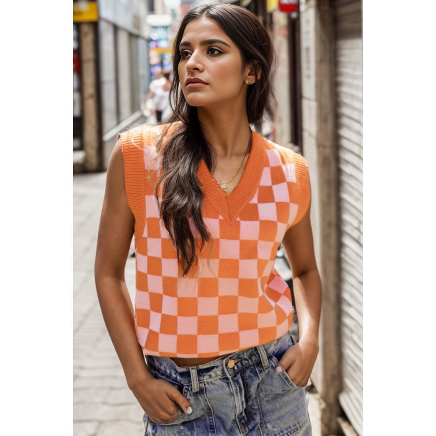 Checkered V - Neck Sweater Vest Tangerine / S Apparel and Accessories