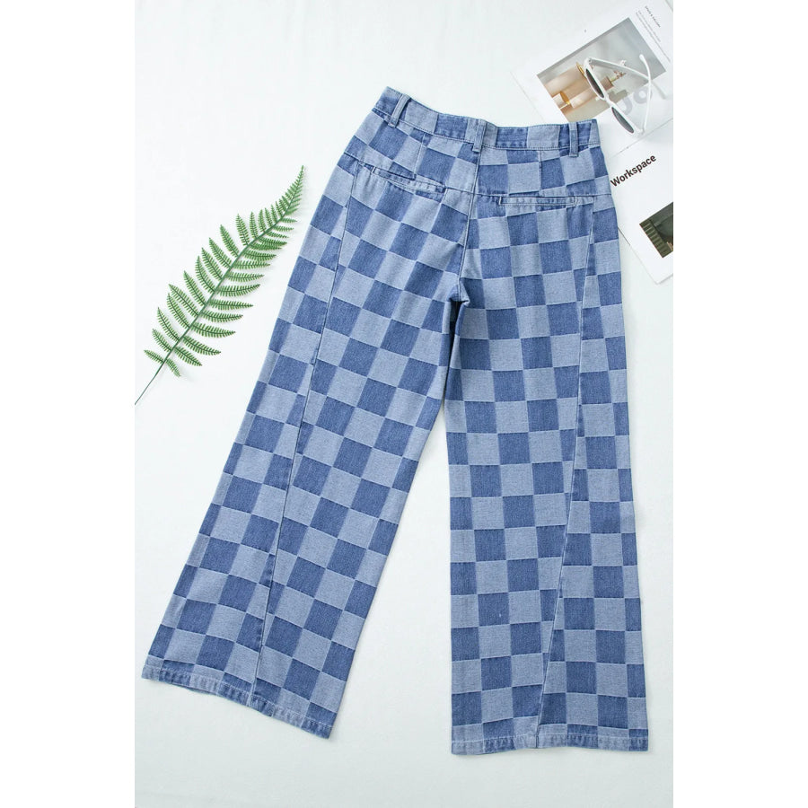 Checkered Wide Leg Jeans with Pockets Apparel and Accessories