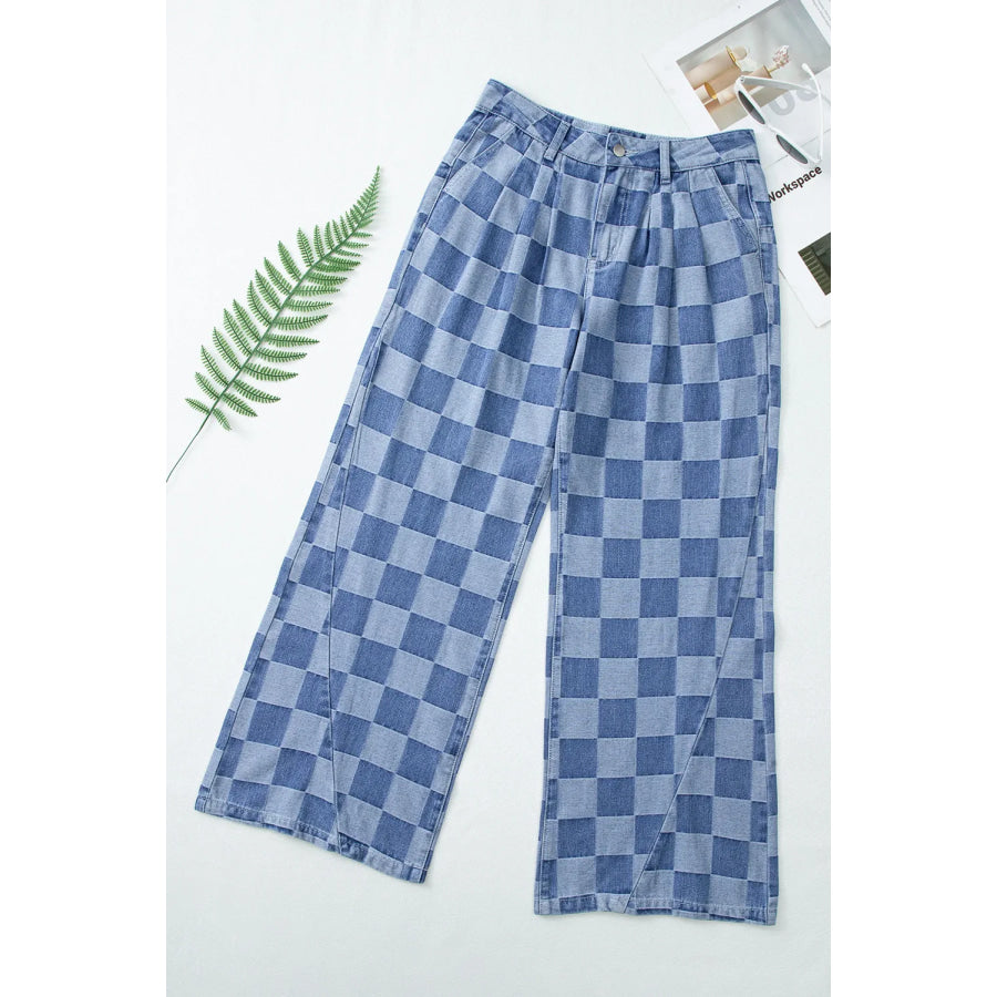 Checkered Wide Leg Jeans with Pockets Apparel and Accessories