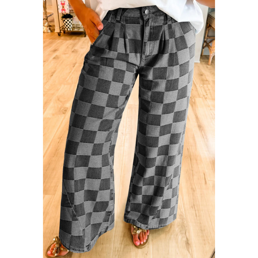 Checkered Wide Leg Jeans with Pockets Dark Gray / 16 Apparel and Accessories