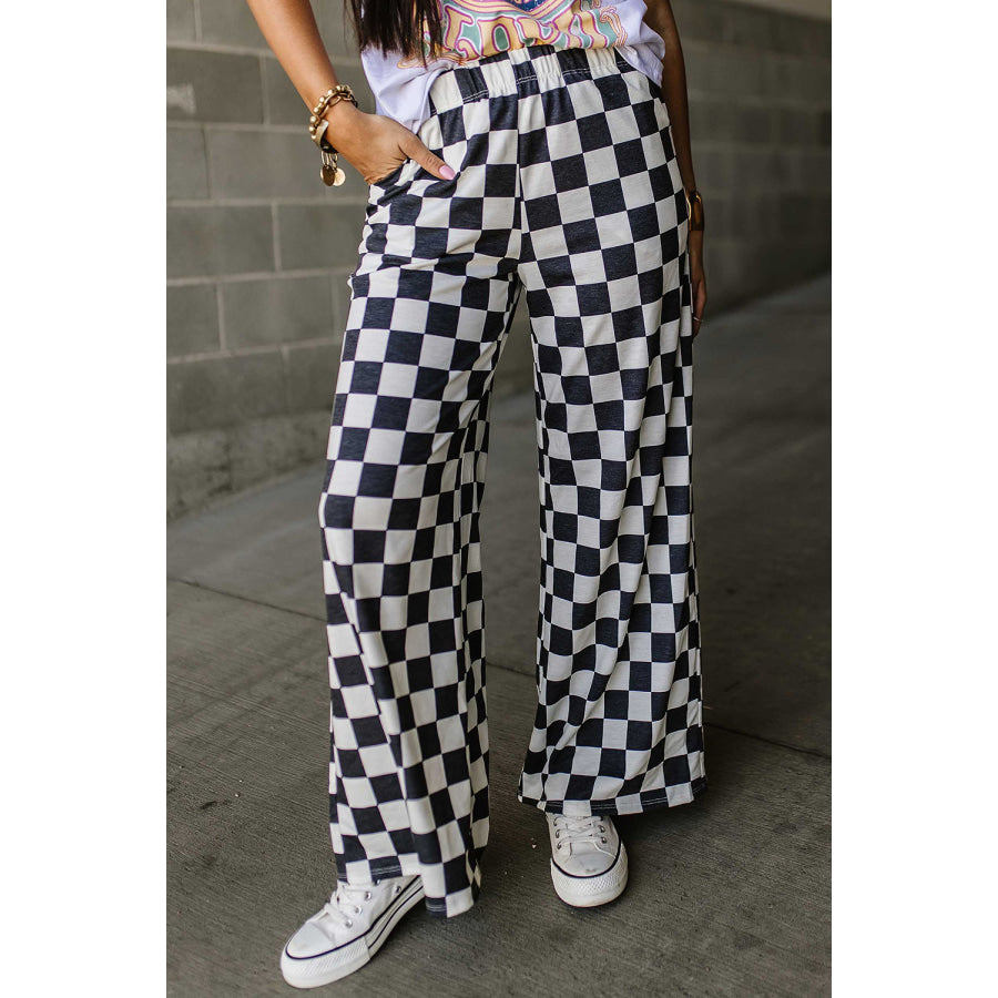 Checkered Wide Leg Pants Black / S Apparel and Accessories