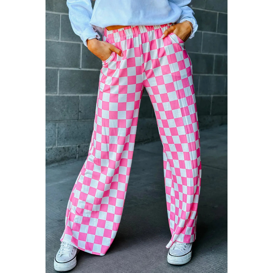 Checkered Wide Leg Pants Fuchsia Pink / S Apparel and Accessories