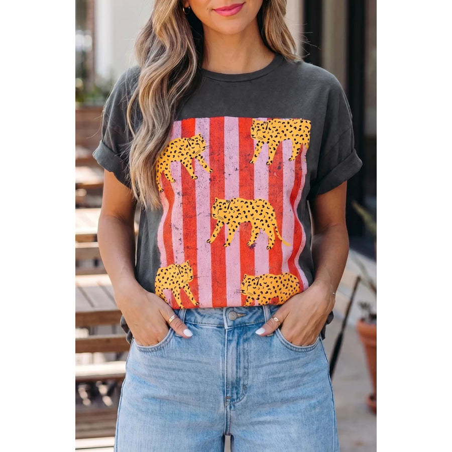Cheetah Striped Print Retro Graphic Tee Apparel and Accessories