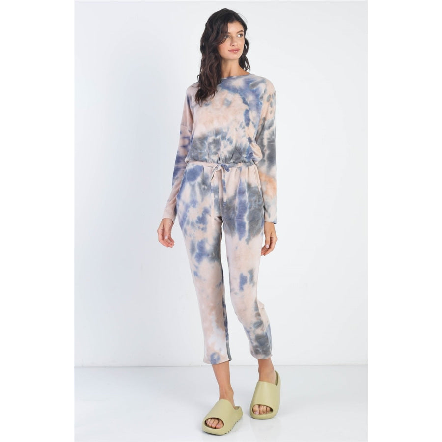 Cherish Apparel Tie-Dye Round Neck Long Sleeve Jumpsuit Apparel and Accessories