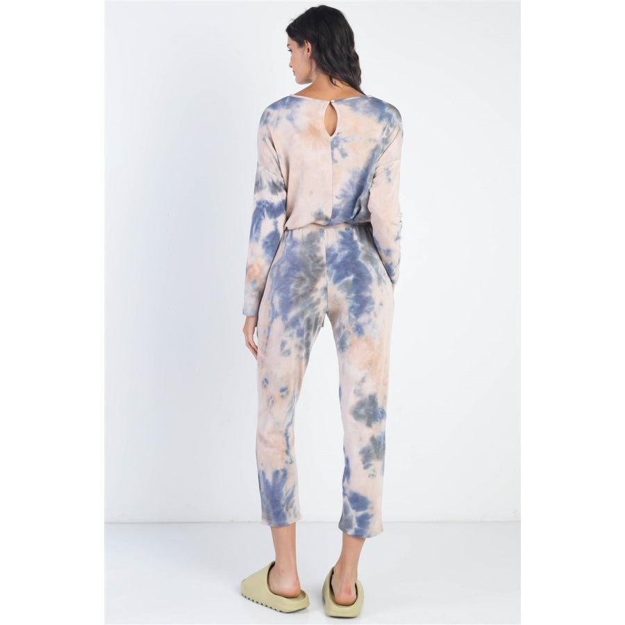 Cherish Apparel Tie-Dye Round Neck Long Sleeve Jumpsuit Apparel and Accessories