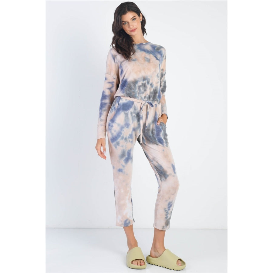 Cherish Apparel Tie-Dye Round Neck Long Sleeve Jumpsuit Apparel and Accessories