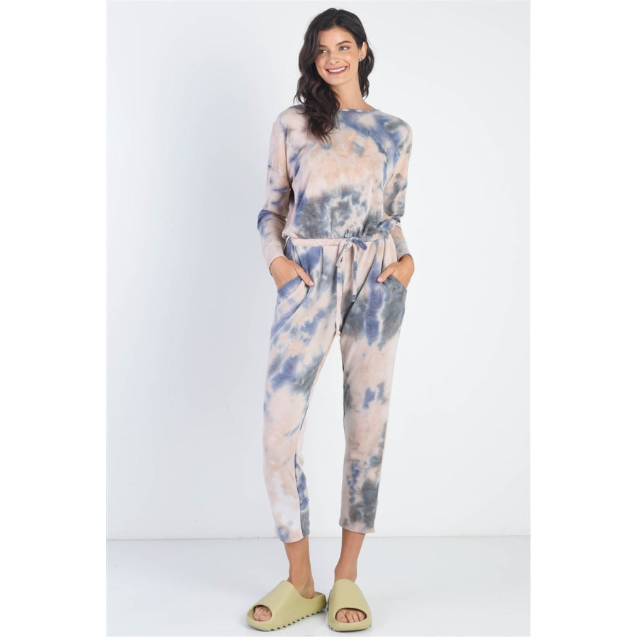 Cherish Apparel Tie-Dye Round Neck Long Sleeve Jumpsuit Navy / S Apparel and Accessories