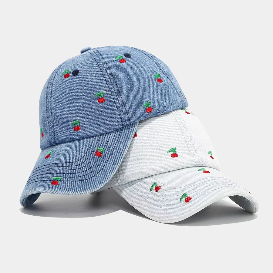 Cherry Embroidered Denim Baseball Cap Apparel and Accessories