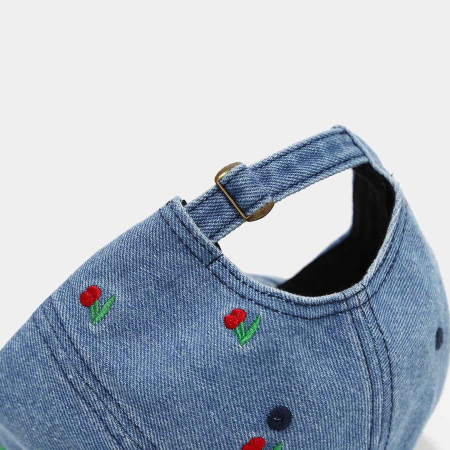 Cherry Embroidered Denim Baseball Cap Apparel and Accessories