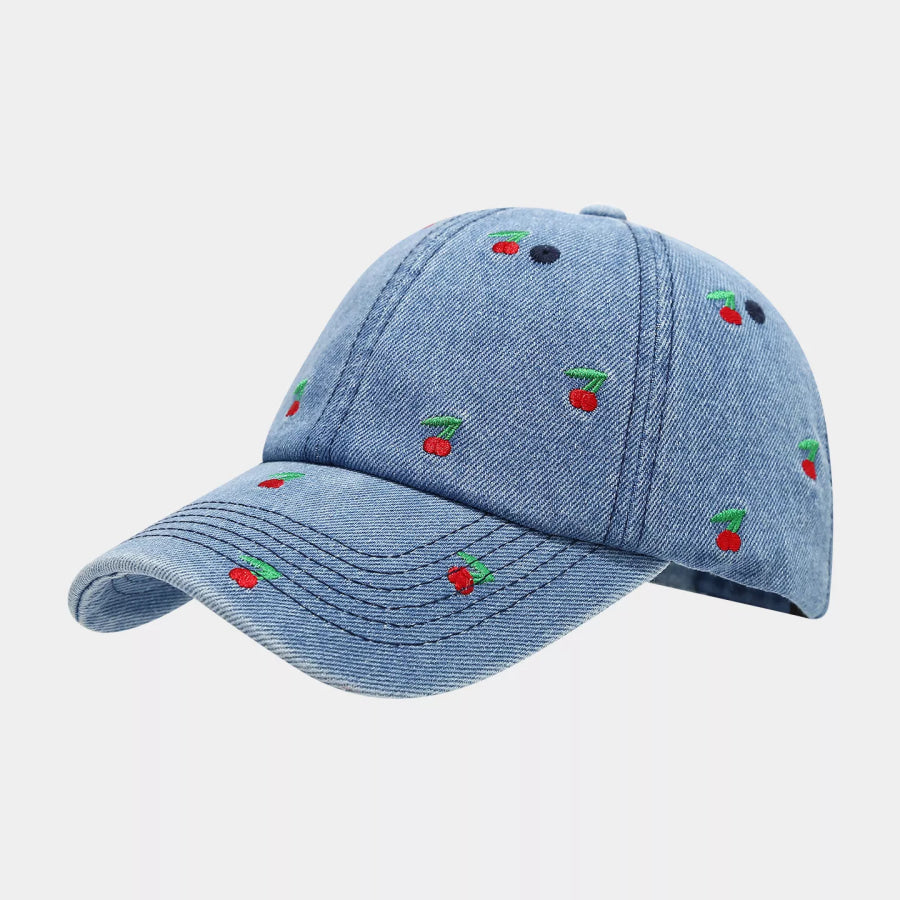 Cherry Embroidered Denim Baseball Cap Dark Blue / One Size Apparel and Accessories