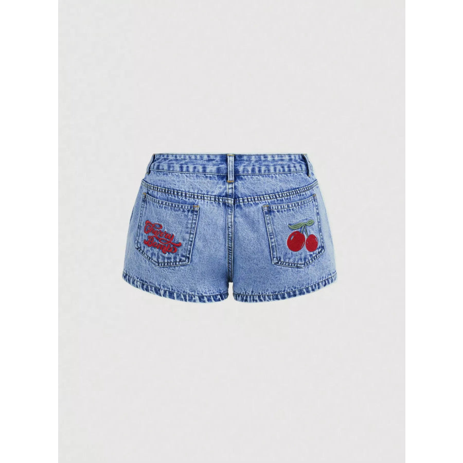 Cherry Embroidered Denim Shorts Apparel and Accessories