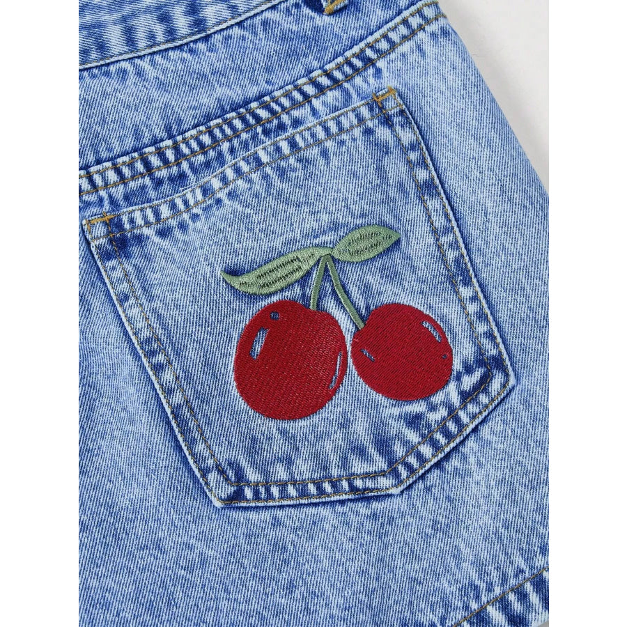 Cherry Embroidered Denim Shorts Apparel and Accessories