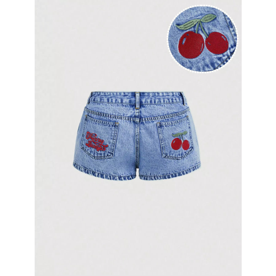 Cherry Embroidered Denim Shorts Blue / XS（26） Apparel and Accessories