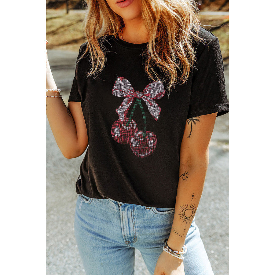 Cherry Graphic Round Neck Short Sleeve T-Shirt Black / S Apparel and Accessories