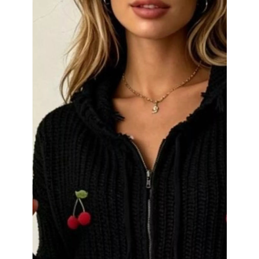 Cherry Knit Zip-Up Hooded Sweater Apparel and Accessories