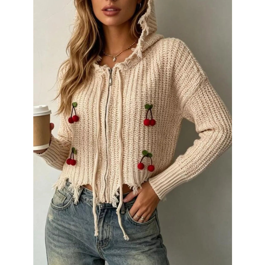 Cherry Knit Zip-Up Hooded Sweater Apparel and Accessories