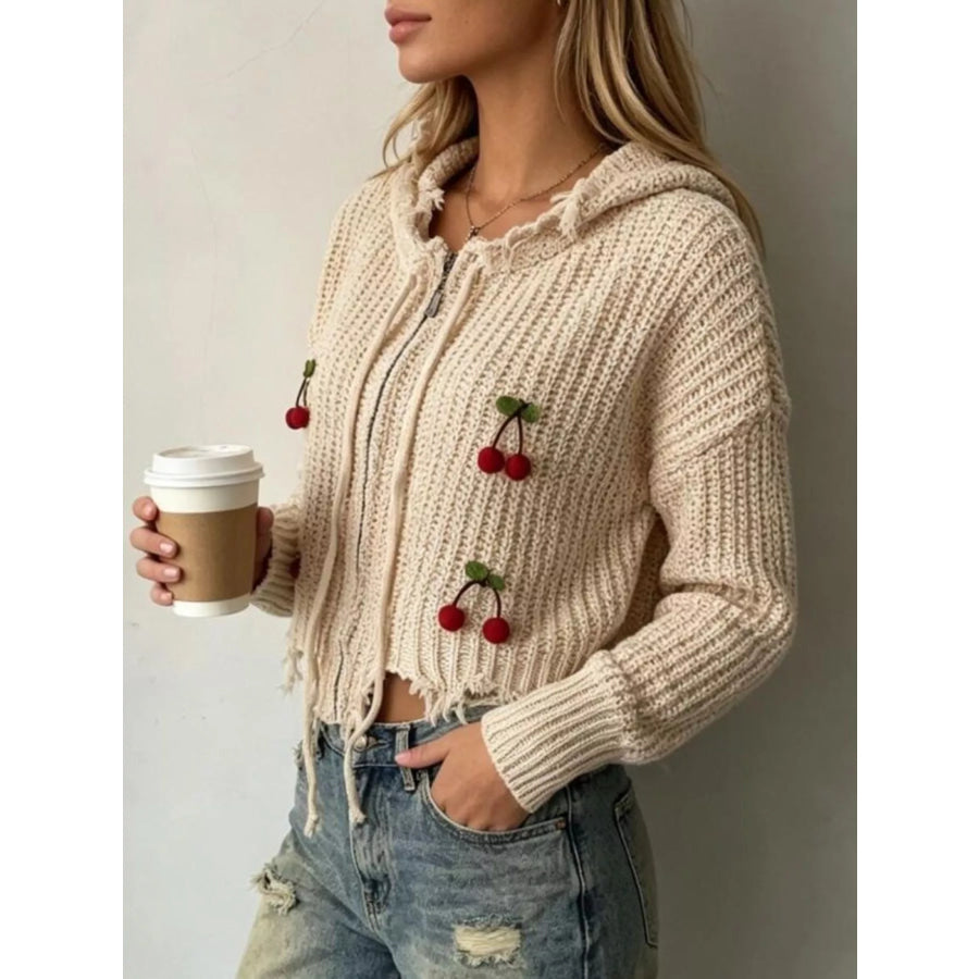 Cherry Knit Zip-Up Hooded Sweater Apparel and Accessories
