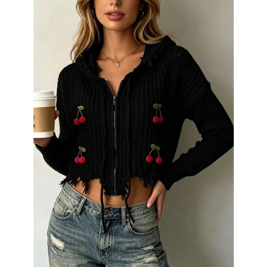 Cherry Knit Zip-Up Hooded Sweater Black / S Apparel and Accessories