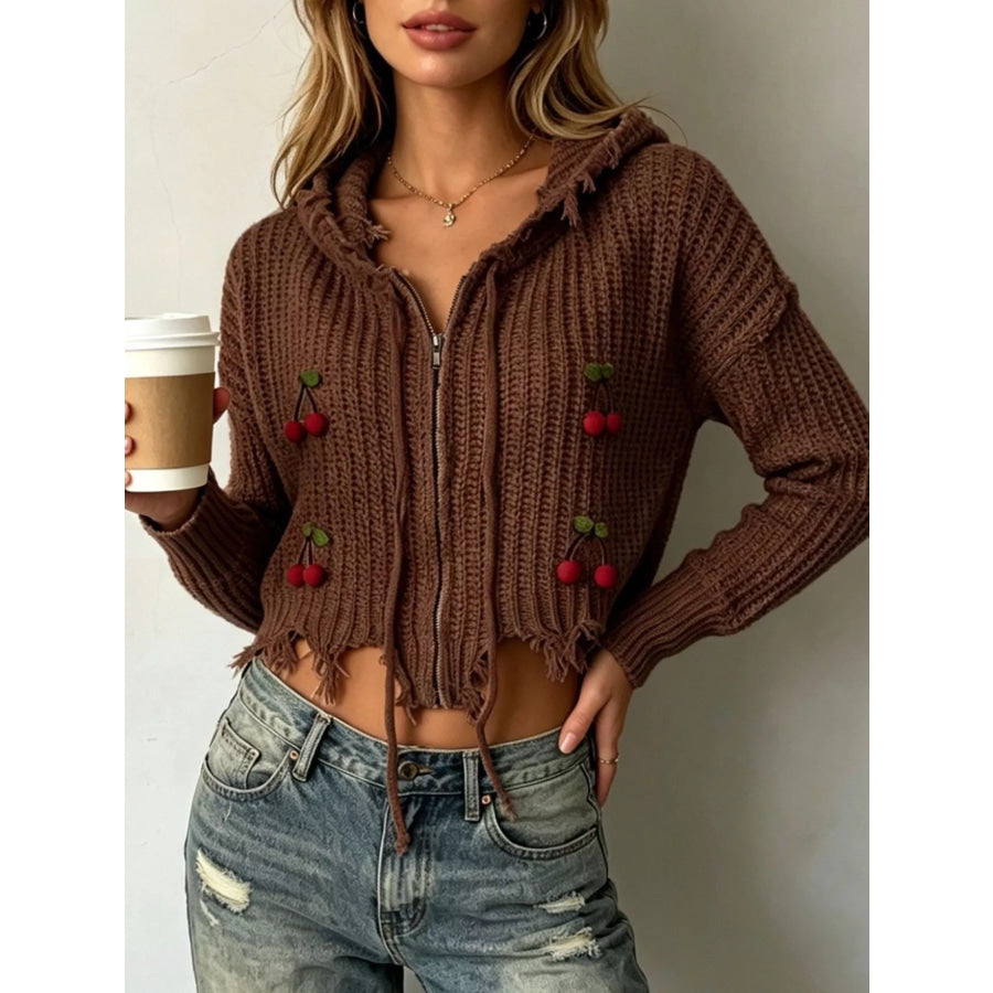 Cherry Knit Zip-Up Hooded Sweater Brown / S Apparel and Accessories