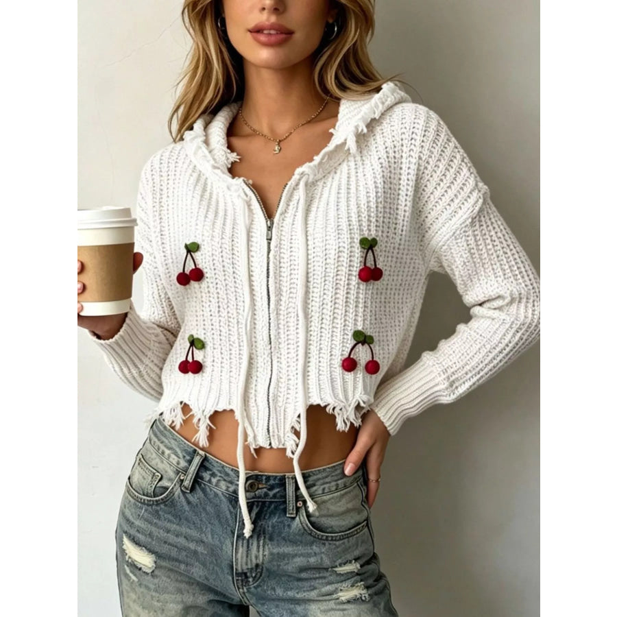 Cherry Knit Zip-Up Hooded Sweater White / S Apparel and Accessories