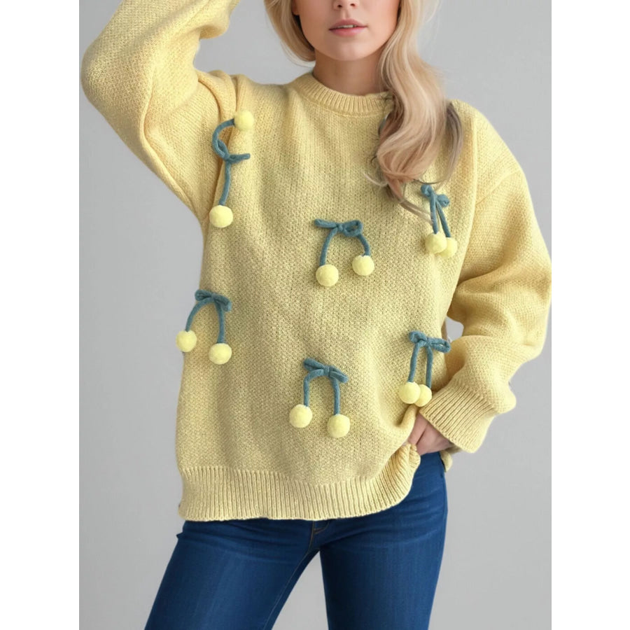 Cherry Pom-Pom Knit Round Neck Sweater Apparel and Accessories
