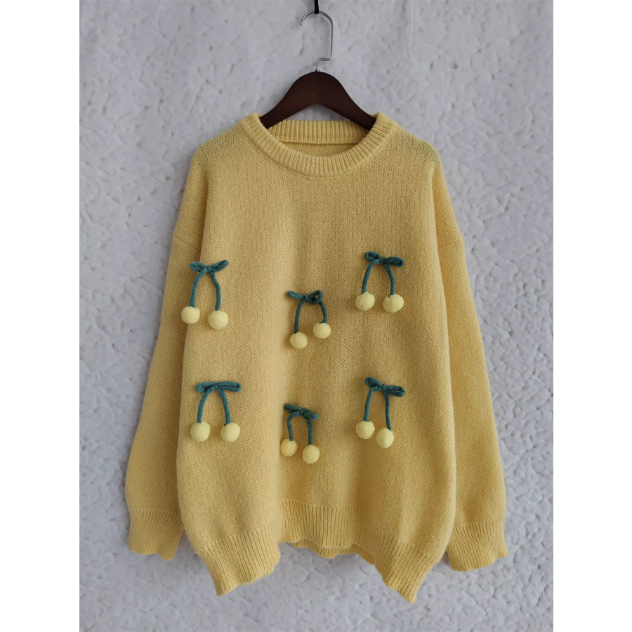 Cherry Pom-Pom Knit Round Neck Sweater Apparel and Accessories
