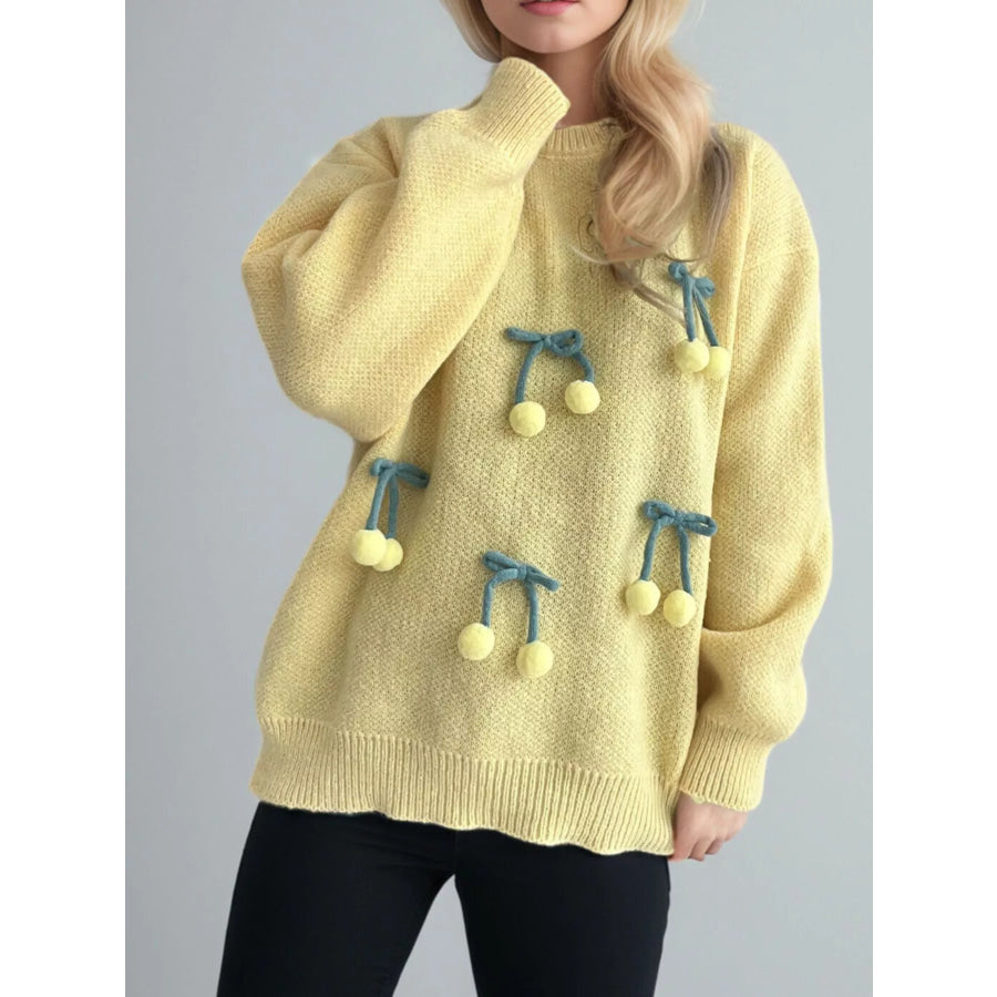 Cherry Pom-Pom Knit Round Neck Sweater Apparel and Accessories
