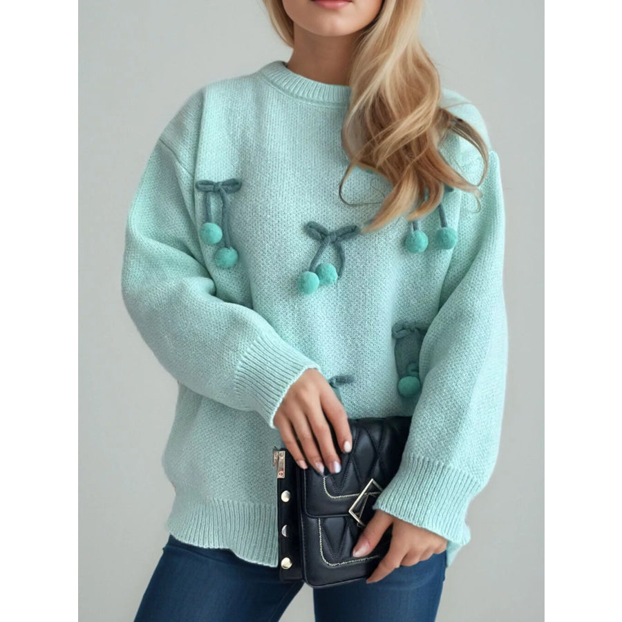 Cherry Pom-Pom Knit Round Neck Sweater Apparel and Accessories