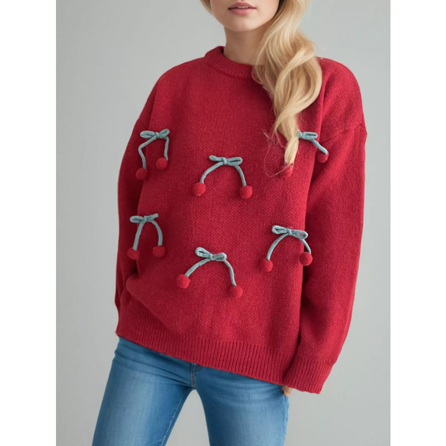 Cherry Pom-Pom Knit Round Neck Sweater Apparel and Accessories
