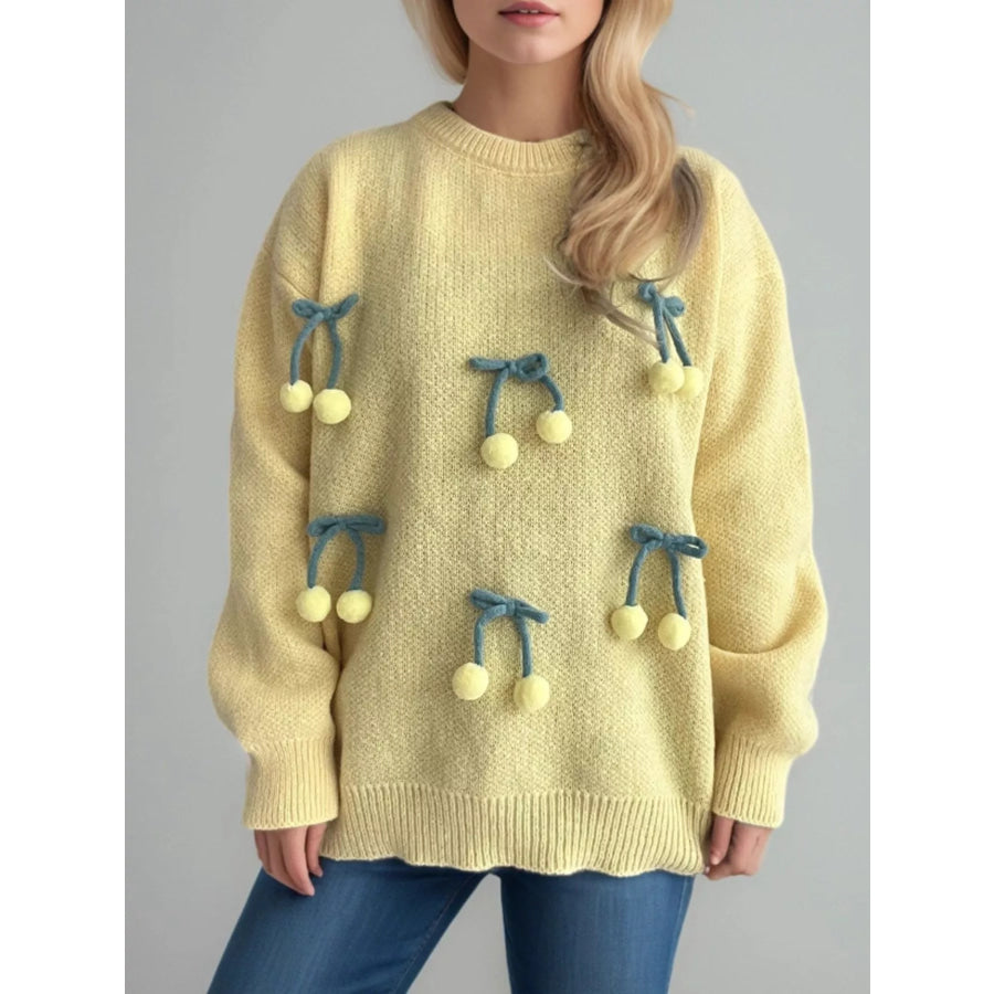 Cherry Pom-Pom Knit Round Neck Sweater Apparel and Accessories