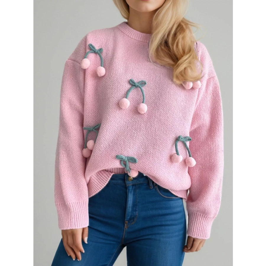 Cherry Pom-Pom Knit Round Neck Sweater Apparel and Accessories